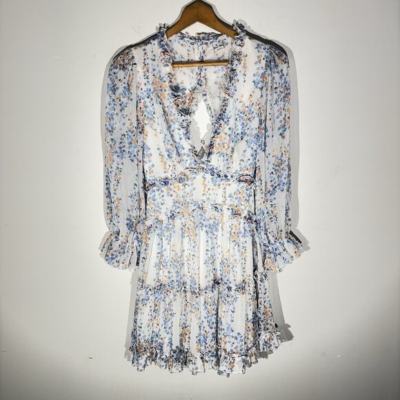 Angel Biba Floral White Blue Open Back Ruffle Chiffon Dress Size Medium Boho - Picture 3 of 10